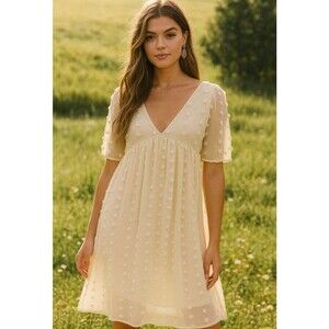 Listicle Cream Textured Pom‎ Pom Babydoll Dress Size S Whimsical Fairy Cottage